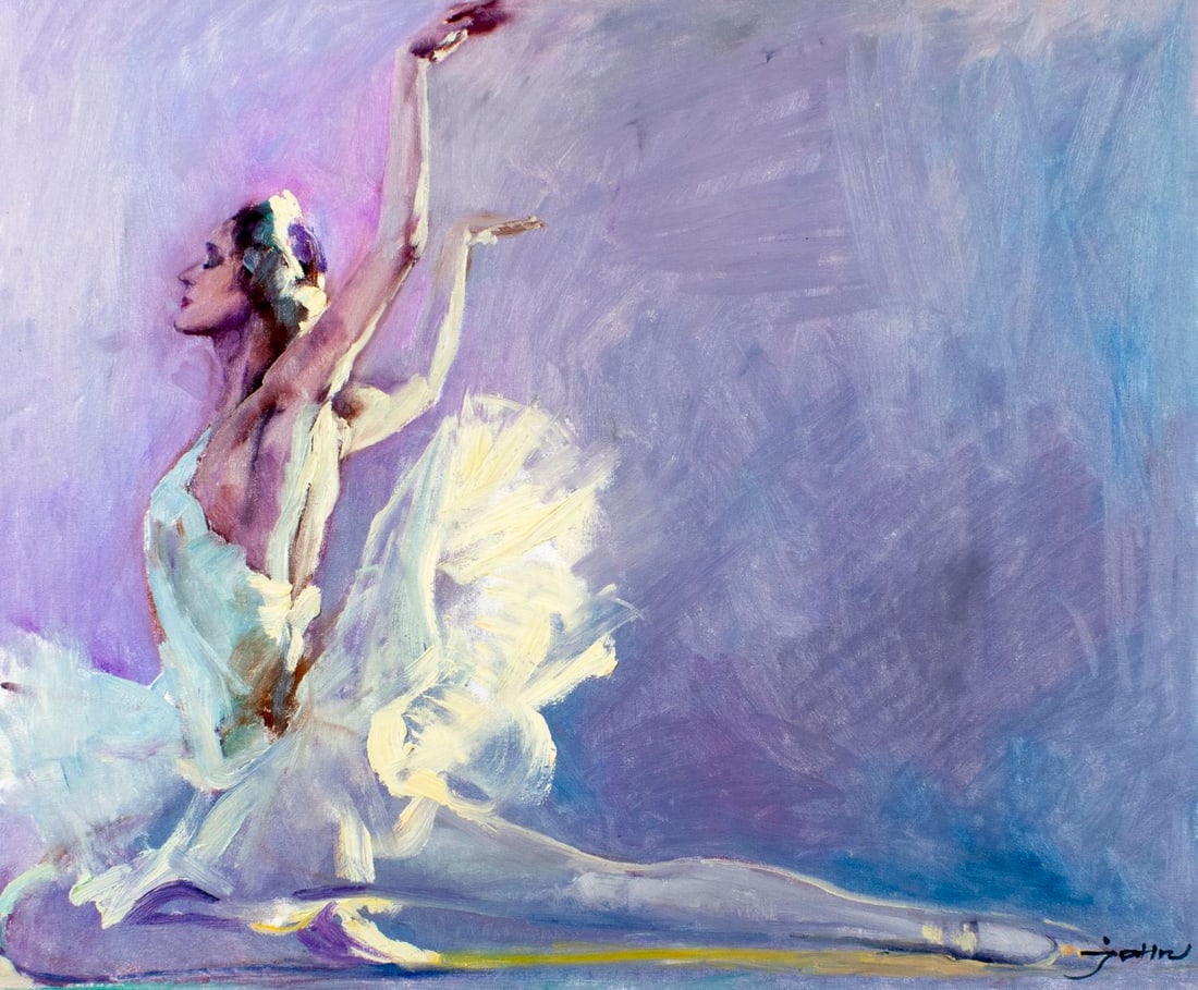 H N John (Europe,20C) oil painting: ARTIST: H N John (European, 20 century) TITLE: Ballerina MEDIUM: oil on canvas CONDITION: Unstretched (In-House stretching available) (In-House stretching available). Overal