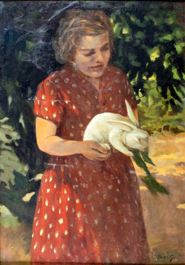 Geza Peske (Hungary,1859-1934) oil painting antique: ARTIST: Geza Peske (Hungarian, 1859 - 1934) TITLE: Girl with Rabbit MEDIUM: oil on canvas CONDITION: Few small scratches/paint losses. Some craquelure. Some scattered inpa