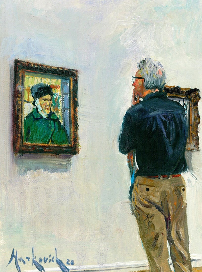 Olena Markovych (Ukraine,b 1987) oil painting: ARTIST: Olena Markovych (Ukraine, born 1987) TITLE: Man Viewing Art in Museum MEDIUM: oil on heavy paper CONDITION: Very good. No visible inpaint under UV light.