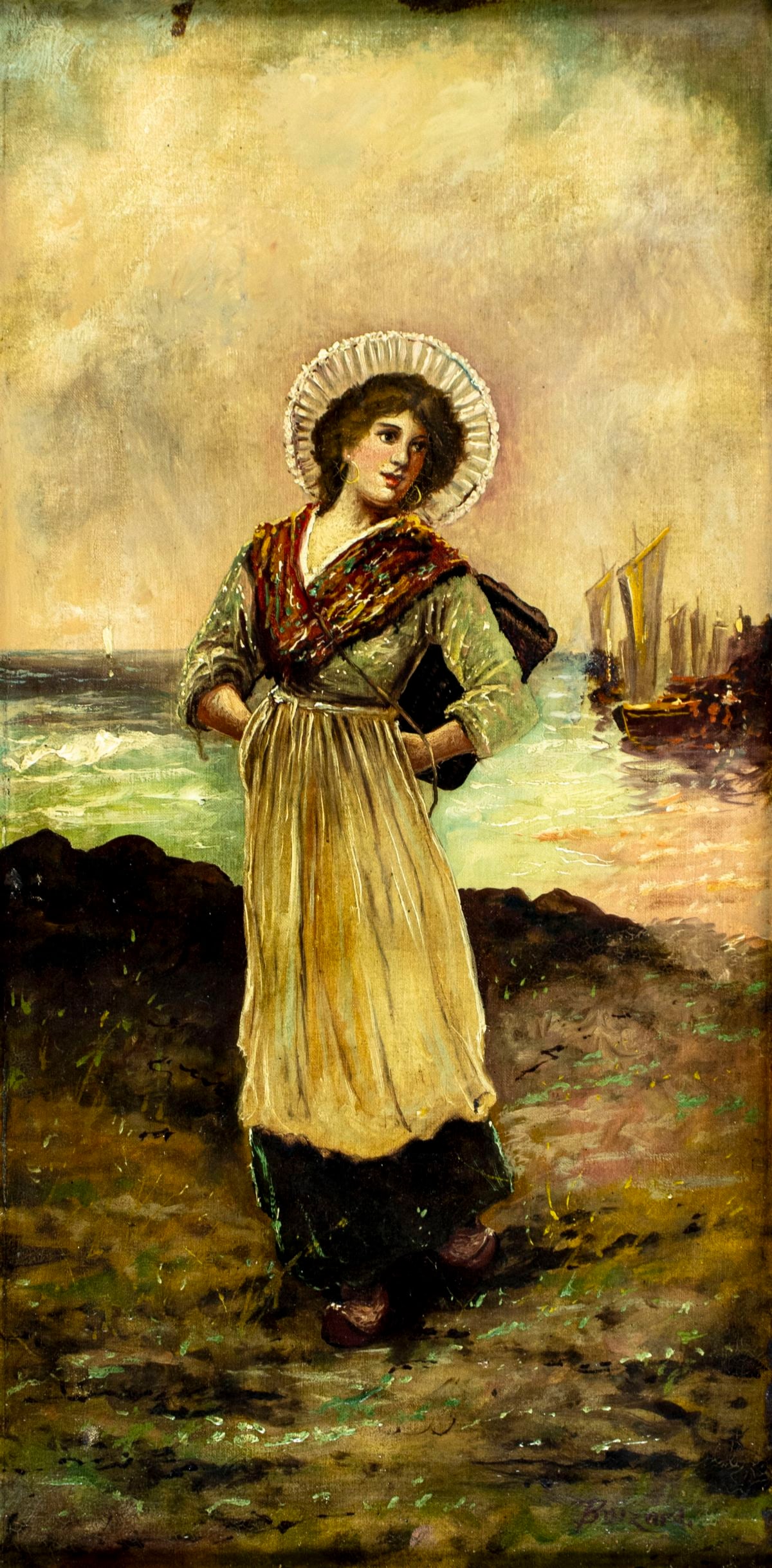 Charles Boizard (PA,1851-1911) oil painting antique: ARTIST: Charles U Boizard (Pennsylvania, 1851 - 1911) TITLE: Coastal Scene MEDIUM: oil on canvas CONDITION: Two brown spots along the upper edge. Some scratches/paint loss
