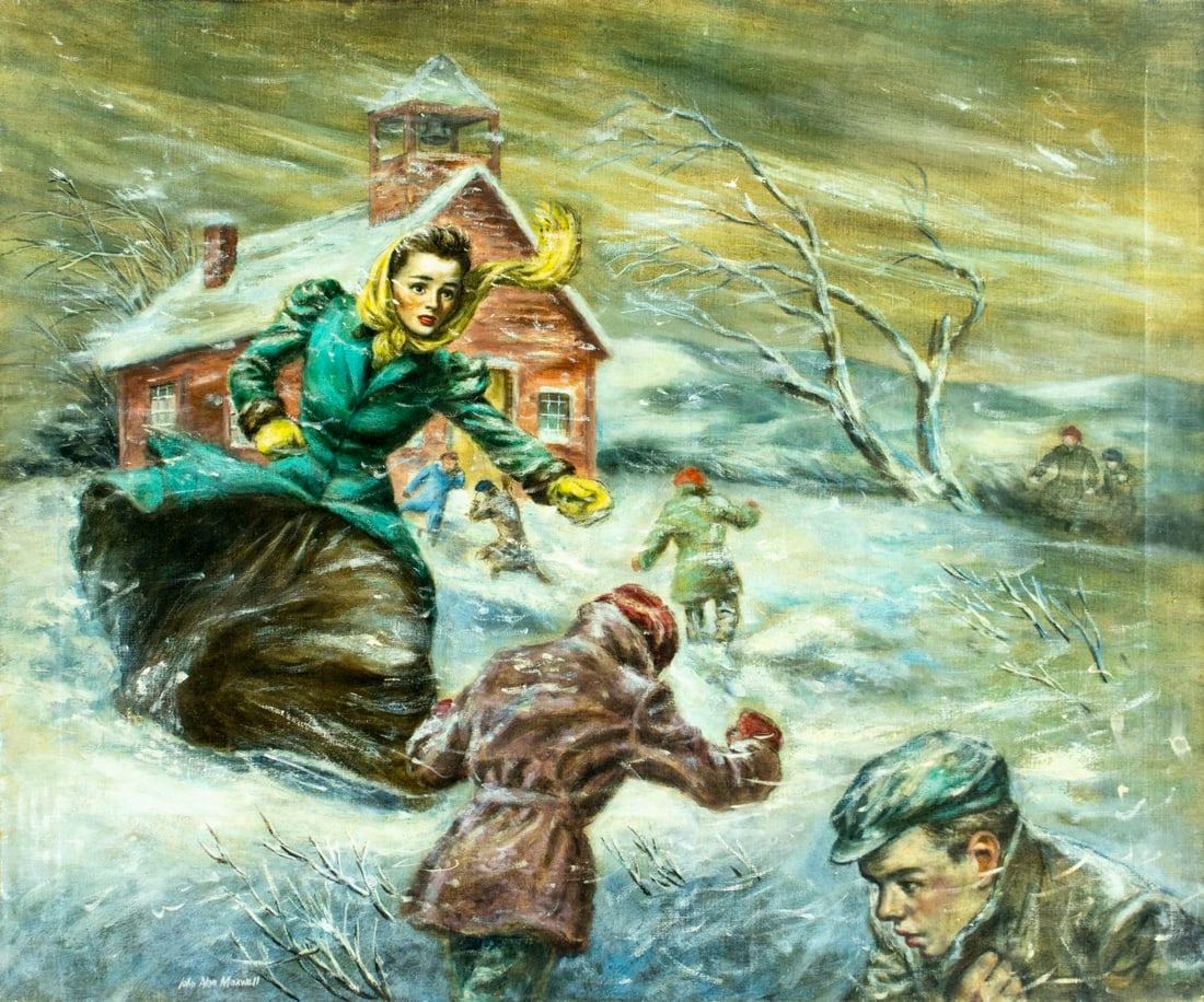 John Alan Maxwell (NY,1904-1984) oil painting: ARTIST: John Alan Manwell (New York, 1904 - 1984) TITLE: Winter Scene MEDIUM: oil on canvas CONDITION: Two small patches. Some damages to the corners and edges of canvas.