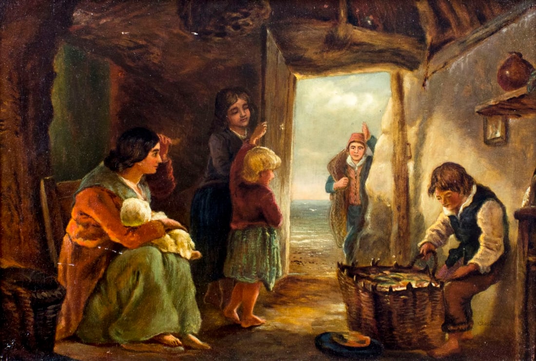 Charles Hunt (UK,19C) oil painting antique: ARTIST: Charles Hunt (British, 19 century) NAME: Interior Scene MEDIUM: oil on canvas CONDITION: Missing a few flakes of paint. Minor craquelure. Three very small inpaintings/touch ups. S