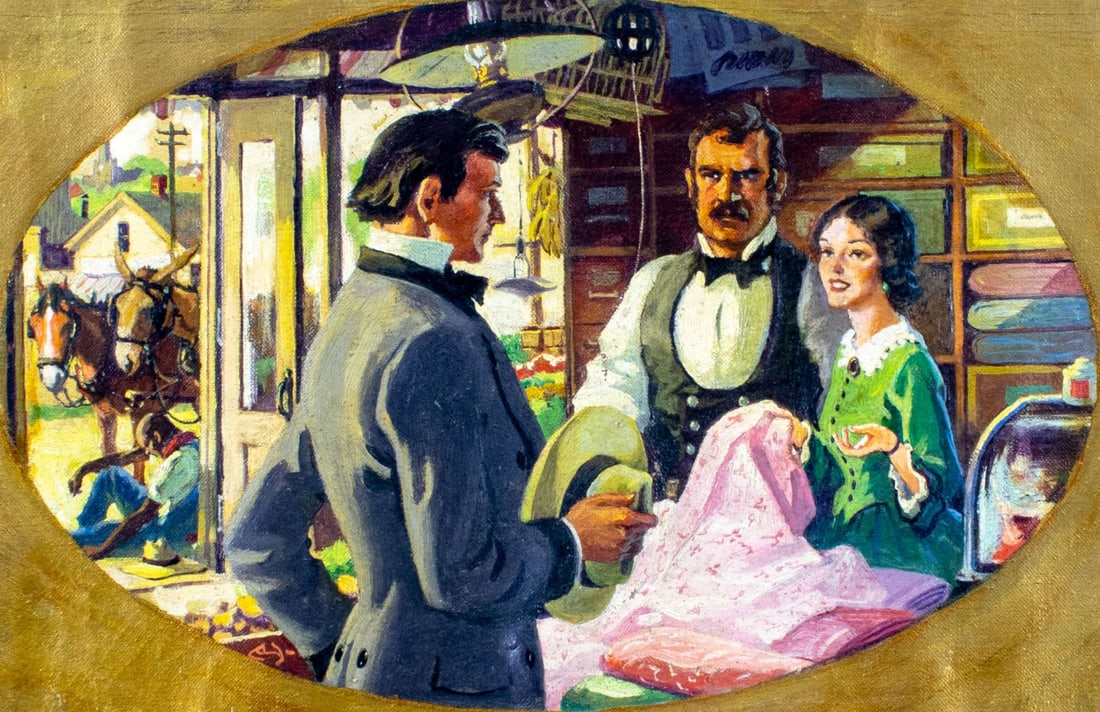 Antique early 20C American oil painting: ARTIST: - (American, early 20 century) TITLE: Interior Scene MEDIUM: oil on canvas CONDITION: Missing a few flakes of paint. Minor craquelure. No visible inpaint under UV