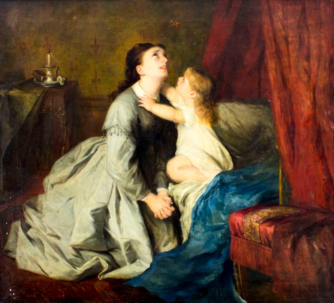 Frans Huard (France,1845-?) oil painting antique: ARTIST: Frans Huard (French,1845 - ???) TITLE: Startled MEDIUM: oil on canvas CONDITION: Relined. Some small scratches/paint losses. Some craquelure. Normal wear along edges