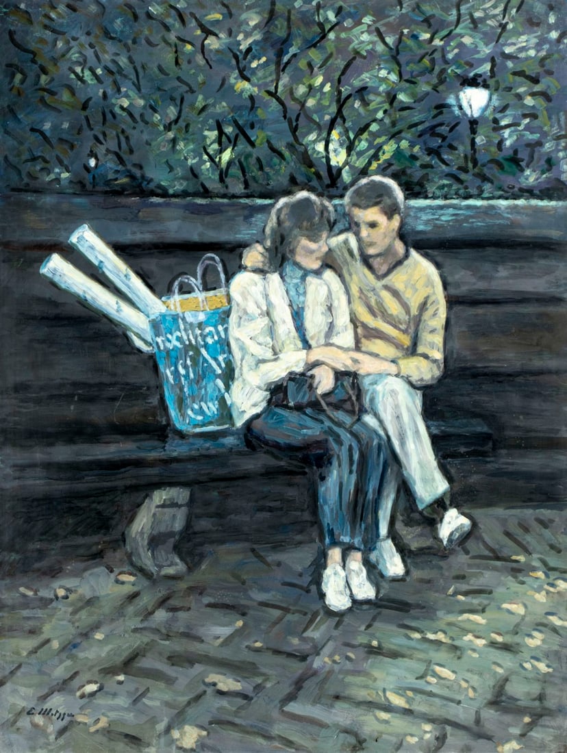 Evelyn Metzger (NY,Brazil,1911-2007) oil painting: ARTIST: Evelyn Borchard Metzger (New York, Brazilian, 1911 - 2007) TITLE: Couple on the Bench, Central Park, NY MEDIUM: oil on board CONDITION: Minor damage to the lower l