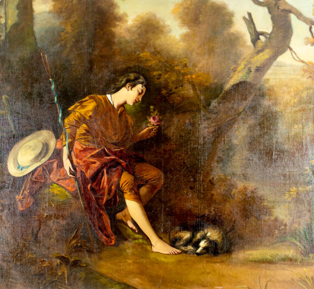 Antique 19C European oil painting: ARTIST: - (Europe, 19 century) TITLE: Resting Man with Dog MEDIUM: oil on canvas CONDITION: Relined. Restretched. Few small scratches. Some scattered inpaintings. Normal w