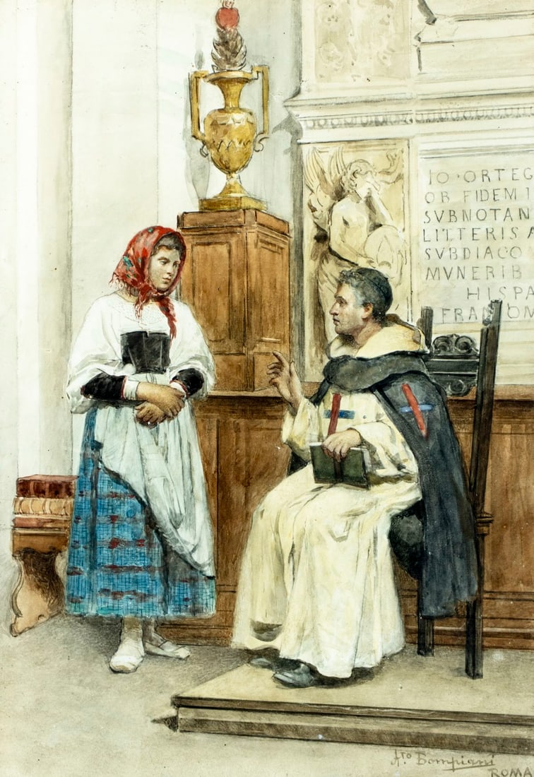 Augusto Bompiani (Italy,1851-1930) watercolor painting antique: ARTIST: Augusto Bompiani (Italian, 1851 - 1930) TITLE: Cathedral Scene MEDIUM: watercolor on paper. Paper applied to board. CONDITION: Some small damages to the upper edge