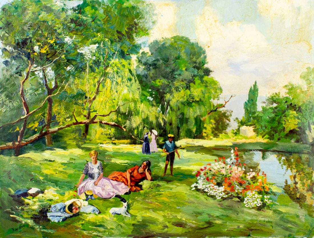 Richard Kardau (Europe,20C) oil painting: ARTIST: Richard Kardau (European, 20 century) TITLE: Picnic by the River MEDIUM: oil on canvas CONDITION: Unstretched (In-House stretching available) (In-House stretching a