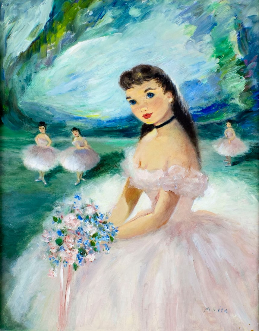Marion Rice (NY,AR,France,1905-1944) oil painting: ARTIST: Marion Rice (New York, Arkansas, French, 1905 - 1994) TITLE: Ballerina with Flowers (titled on stretcher) MEDIUM: oil on canvas CONDITION: Some craquelure. No visi