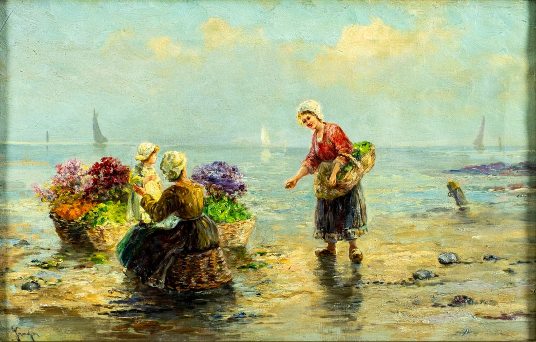 Gustav Prucha (US,Austria,1875-1952) oil painting antique: ARTIST: Gustav Prucha (American, Austrian, 1875 - 1952) TITLE: Coastal Scene with Flower Sellers MEDIUM: oil on canvas CONDITION: One puncture by the lower left corner. Few