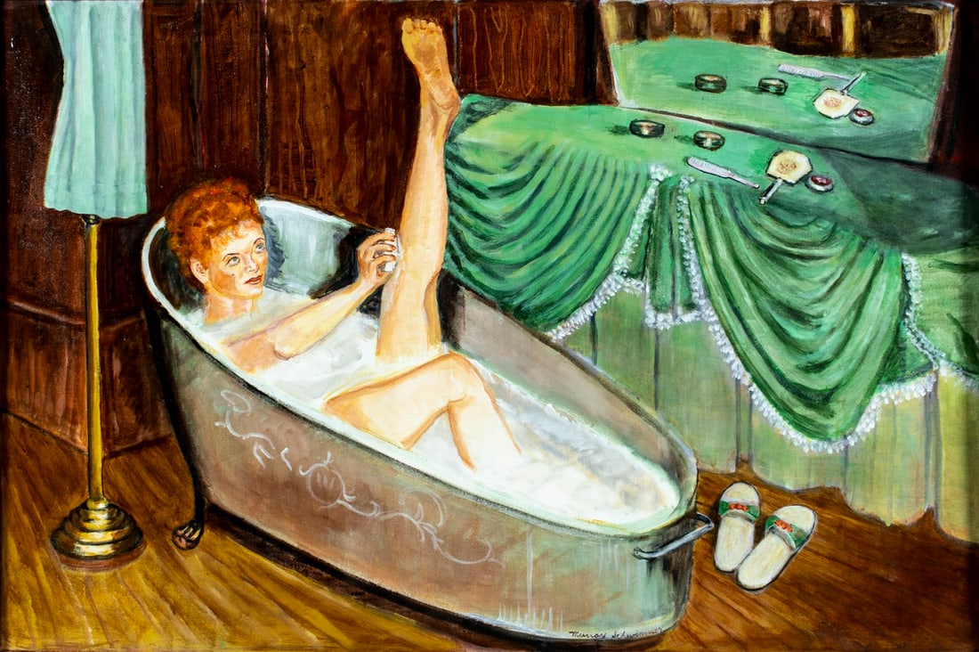 Murray Schwimmer Papell (NY,1924-2017) acrylic painting: ARTIST: Murray Schwimmer Papell (New York, 1924 - 2017) TITLE: Bath Time MEDIUM: acrylic on canvas CONDITION: Missing a few flakes of paint. No visible inpaint under UV li