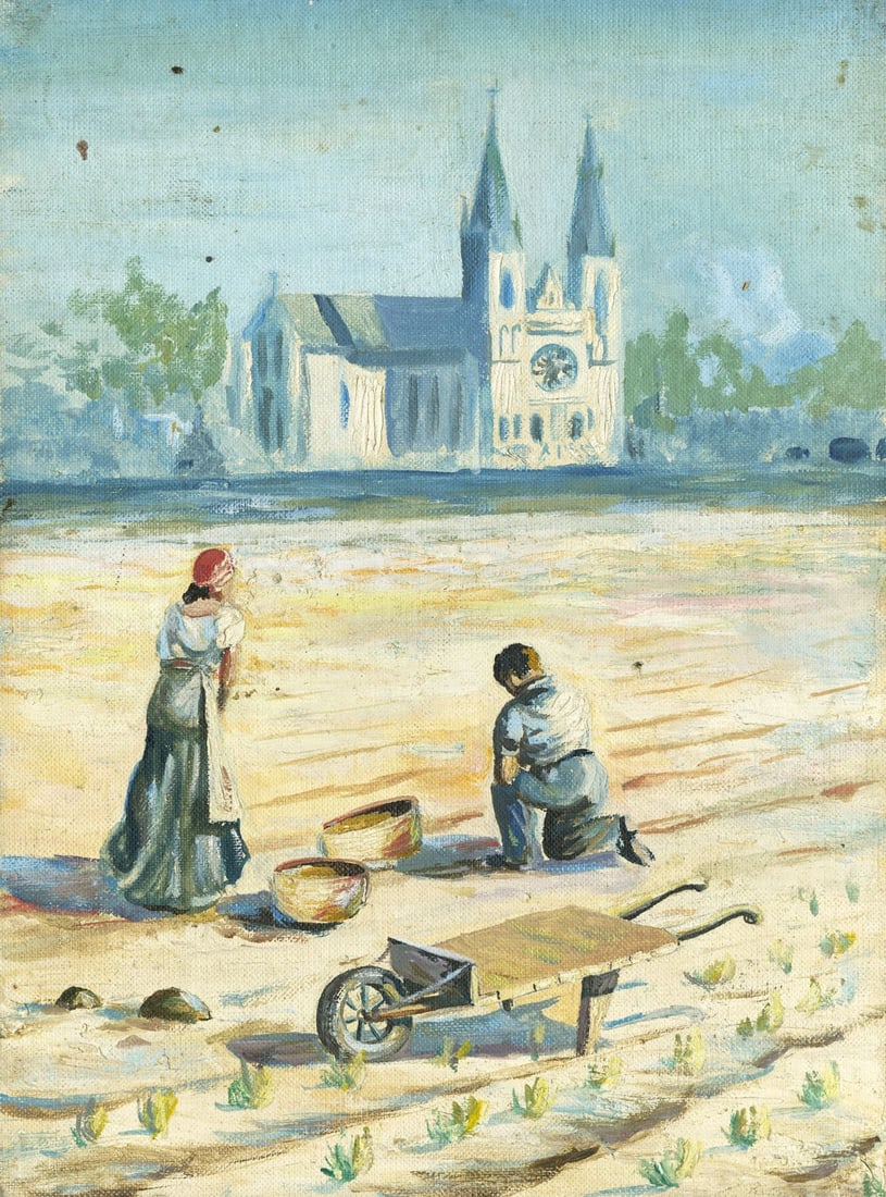 S Grayson (US,mid 20C) oil painting: ARTIST: S Grayson (United States, mid 20 century) TITLE: Peasants in Field with Church MEDIUM: oil on canvas board CONDITION: Some small damages to corners. Some small scrat