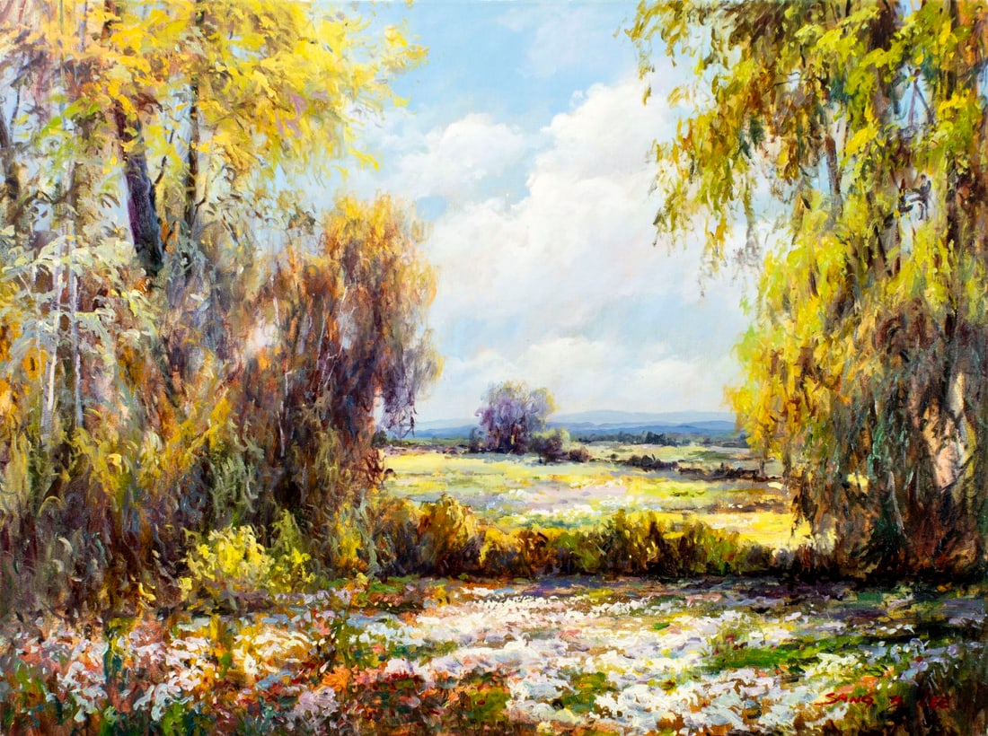 Sang M Lee (South Korea,US,b 1949) oil painting: ARTIST: Sang M Lee (South Korean, American, born 1949) TITLE: Flower Field Landscape MEDIUM: oil on canvas CONDITION: Unstretched (In-House stretching available) (In-House s