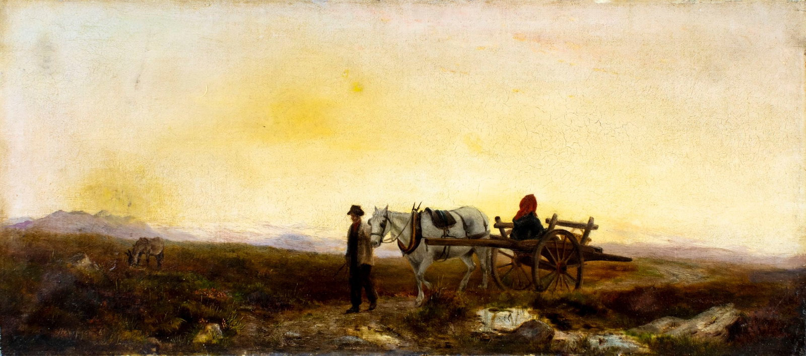 Antique 19C European oil painting signed: ARTIST: - (Europe, 19 century) TITLE: Sunset Country Landscape with Horse Wagon MEDIUM: oil on canvas CONDITION: Some patches. Few minor paint losses. Some craquelure. Som