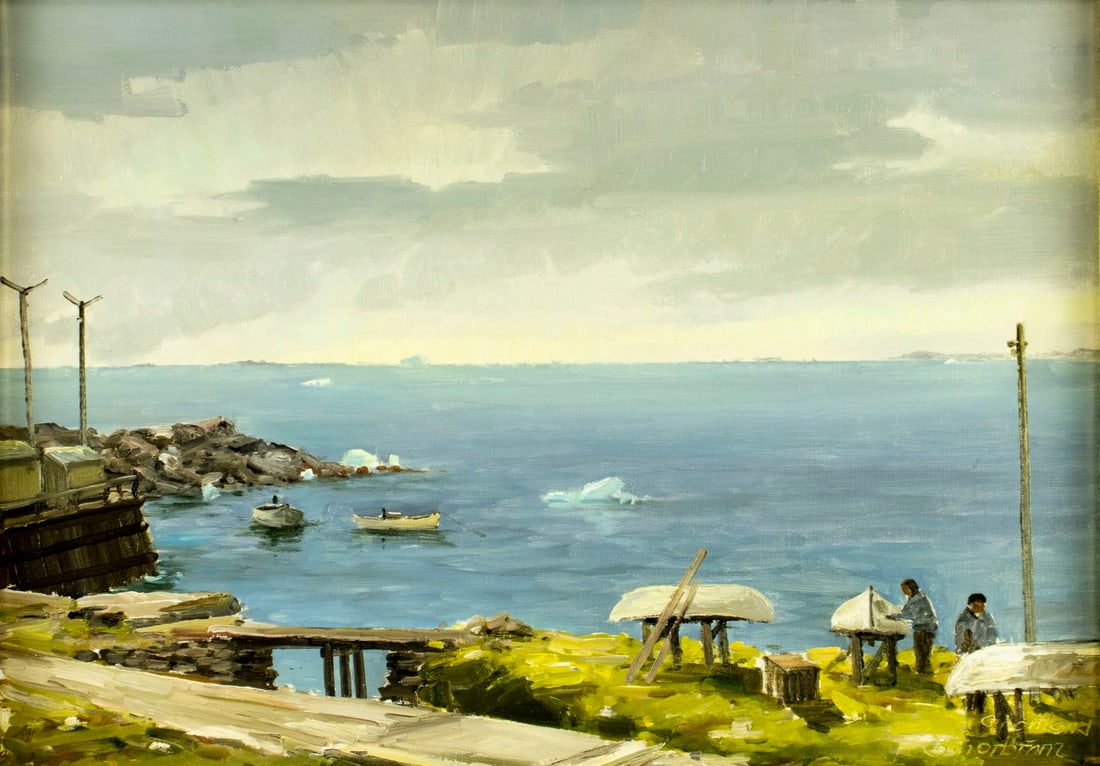 Evelyn Boje Thorbjorn (Denmark,1911-1985) oil painting: ARTIST: Evelyn Boje Thorbjorn (Danish, 1911 - 1985) TITLE: Coastal Landscape with Boats MEDIUM: oil on canvas CONDITION: Overall good. No visible inpaint under UV light. W