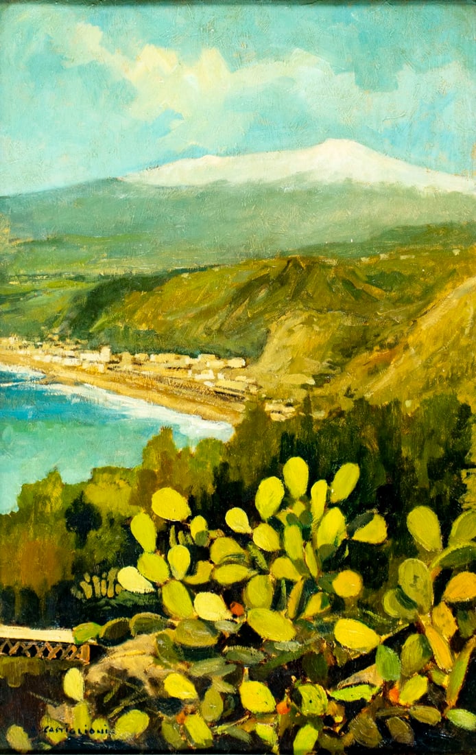 Attilio Castiglioni (Italy,1928-1990) oil painting: ARTIST: Attilio Castiglioni (Italian, 1928 - 1990) TITLE: Coastal Mountain Landscape MEDIUM: oil on board CONDITION: Two nail holes by the upper edge. No visible inpaint u