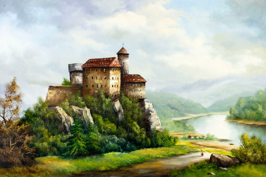 C Karopka (Europe,20C) oil painting: ARTIST: C Karopka (European, 20 century) TITLE: Castle Landscape MEDIUM: oil on canvas CONDITION: Unstretched (In-House stretching available) (In-House stretching available)