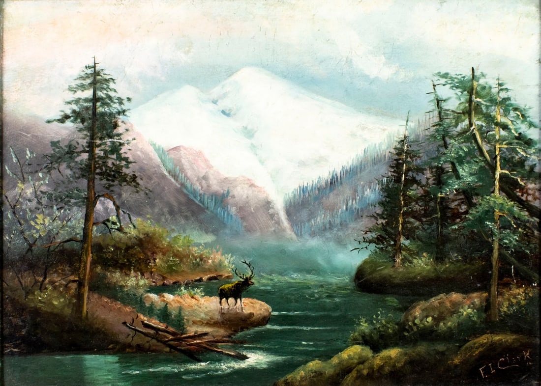 F I Clark (US,early 20C) oil painting antique: ARTIST: F I Clark (American, early 20 century) TITLE: Mountain River Landscape with Deer YEAR: 1914 MEDIUM: oil on board CONDITION: Some warping. Some sc