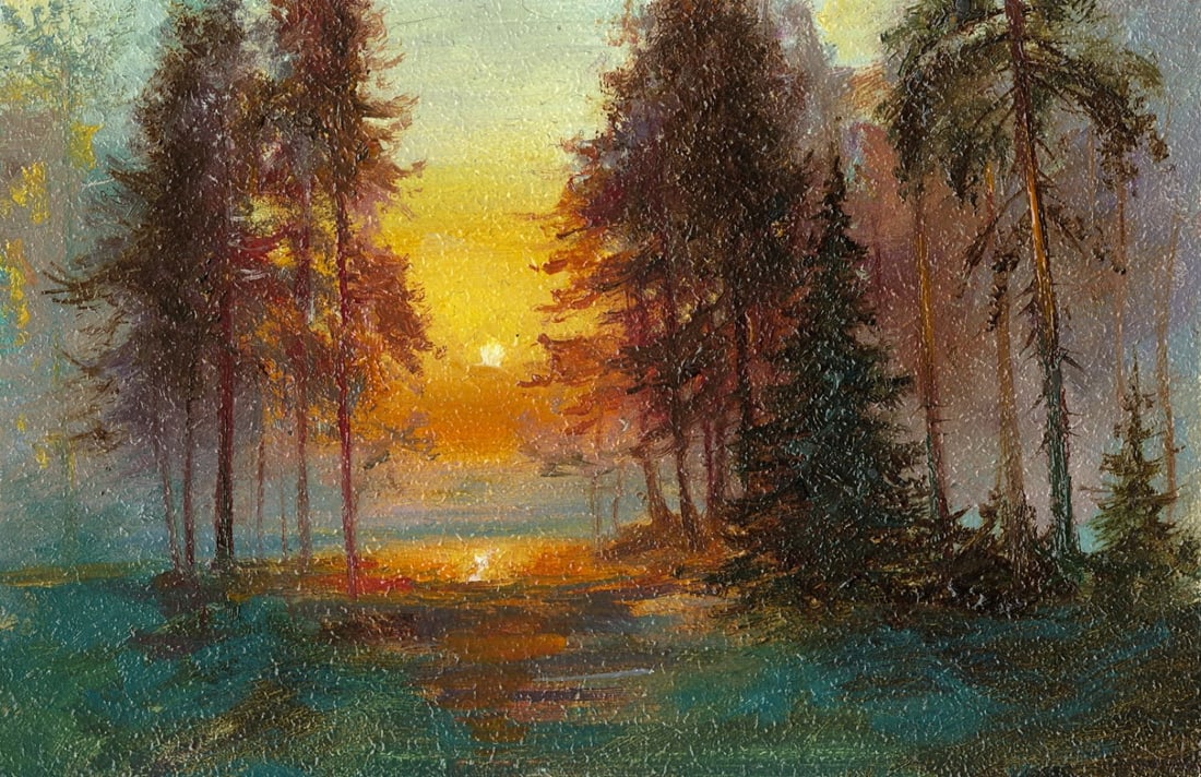 Sergey Kozachkin (Ukraine,b 1965) oil painting: ARTIST: Sergey Vasilievich Kozachkin (Ukraine, born 1965) TITLE: Sunset Forest Landscape MEDIUM: oil on board CONDITION: Very good. No visible inpaint under UV light.
