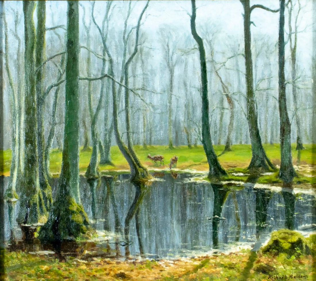 Richard Nielsen (Denmark,early 20C) oil painting antique: ARTIST: Richard Nielsen (Danish, early 20 century) TITLE: Forest Pond Landscape MEDIUM: oil on canvas CONDITION: Some paint losses mostly along the right edge. Minor craquel