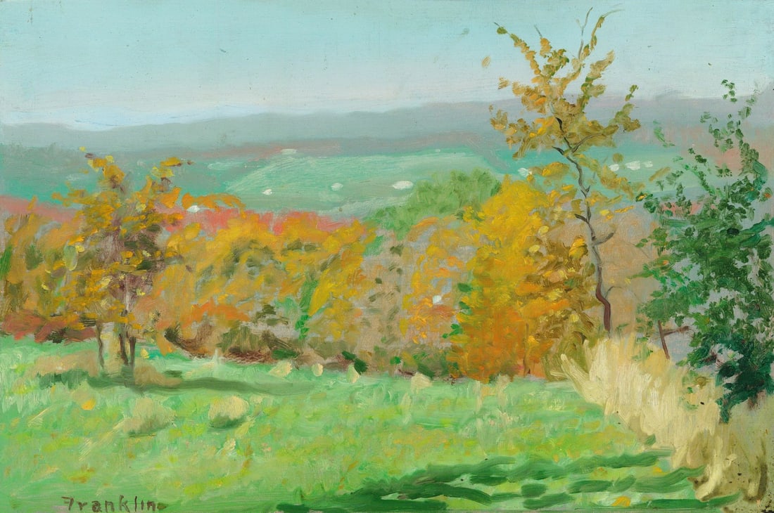 Franklin (US,20C) oil painting: ARTIST: Franklin (American, 20 century) TITLE: Autumn Country Landscape MEDIUM: oil on board CONDITION: Minor damages to corners and edges. Some small scratches/paint losses
