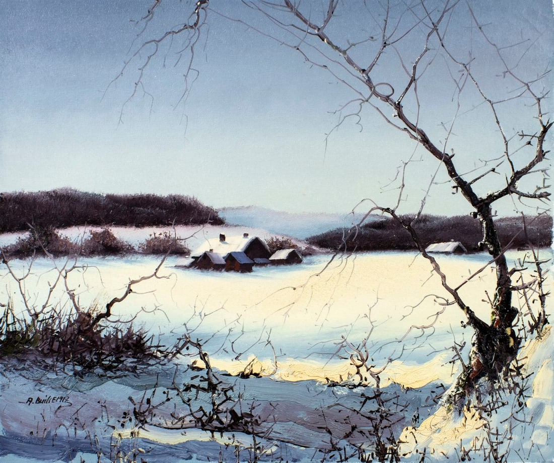 Albert Buikema (Dutch,1949-1994) oil painting: ARTIST: Albert Buikema (Netherlands, 1949 - 1994) TITLE: Winter Country Landscape with Houses MEDIUM: oil on canvas CONDITION: Unstretched (In-House stretching available)