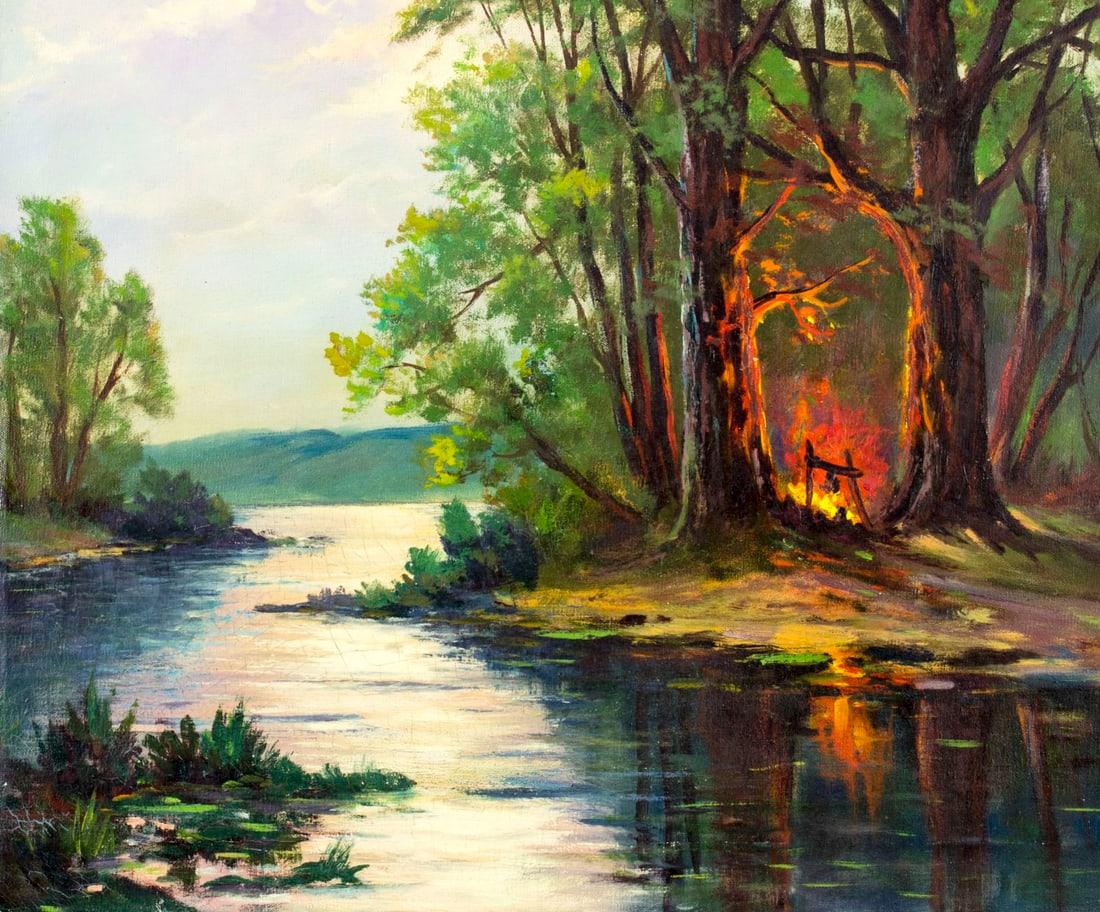 Hasselbar (US,20C) oil painting: ARTIST: Hasselbar (American, 20 century) TITLE: Campfire Landscape MEDIUM: oil on canvas CONDITION: Some small paint losses. Some craquelure. No visible inpaint under UV lig