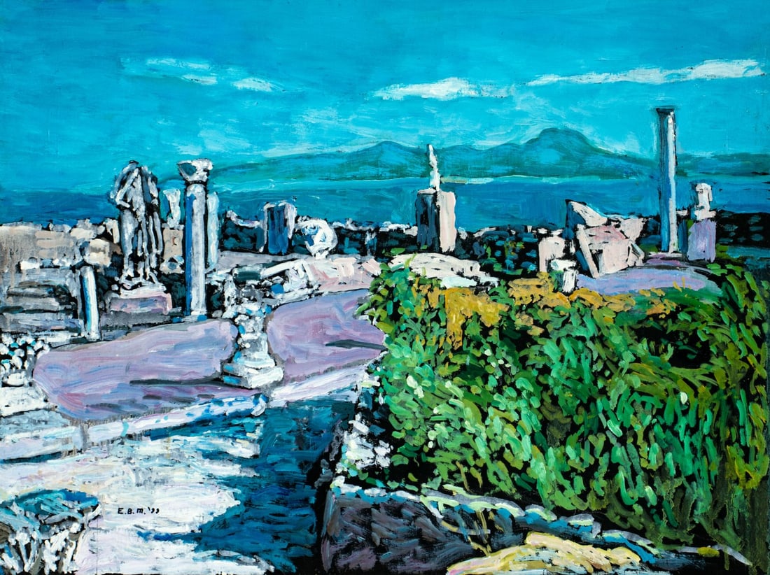 Evelyn Metzger (NY,Brazil,1911-2007) oil painting: ARTIST: Evelyn Borchard Metzger (New York, Brazilian, 1911 - 2007) TITLE: Coastal Landscape with Ruins YEAR: 1999 MEDIUM: oil on board CONDITION: Overa