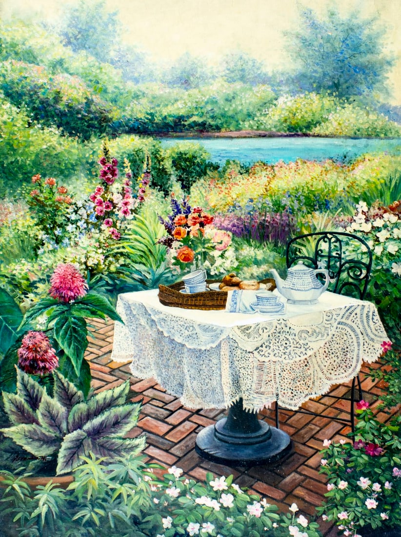 Peter Ho (US,b 1953) oil painting: ARTIST: Peter Ho (American, born 1953) TITLE: Garden Landscape with Table MEDIUM: oil on canvas CONDITION: Unstretched (In-House stretching available) (In-House stretching a