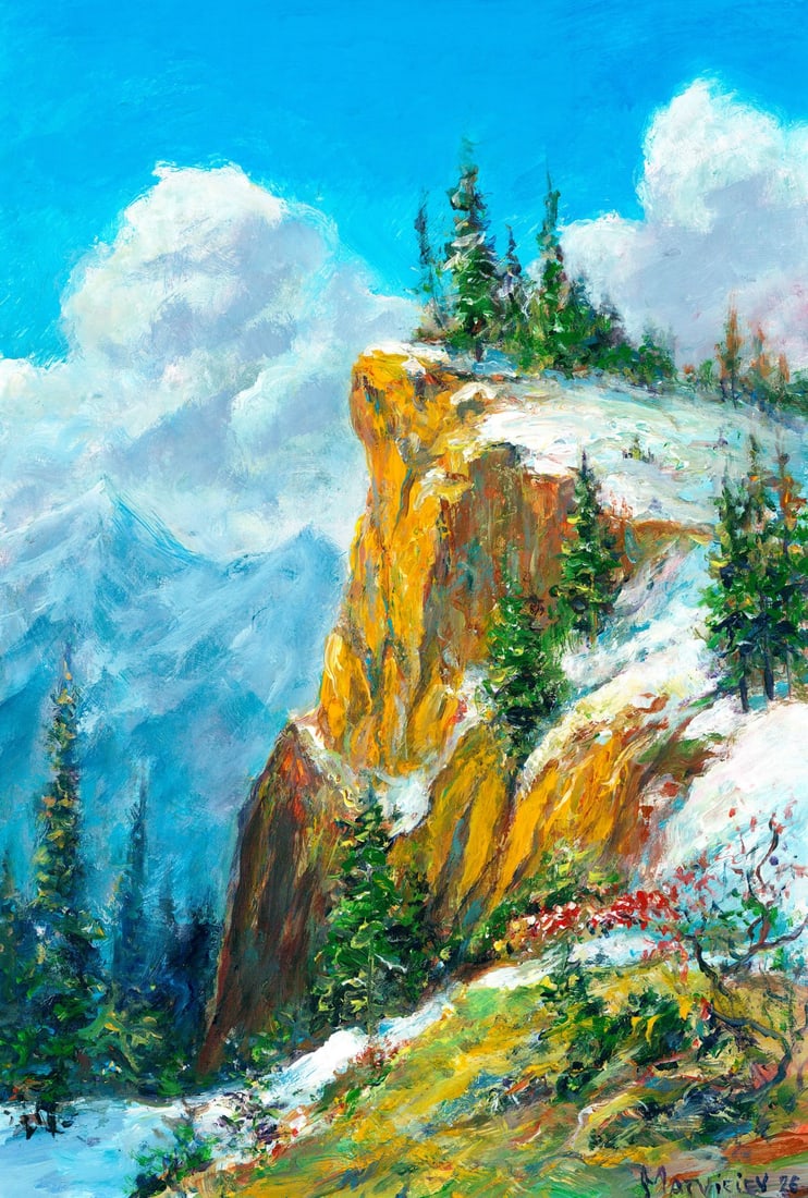 Andriy Matveiev (Ukraine,b 1988) oil painting: ARTIST: Andriy Matveiev (Ukraine, born 1988) TITLE: Mountain Landscape MEDIUM: oil on heavy paper CONDITION: Very good. No visible inpaint under UV light. ART SIZ