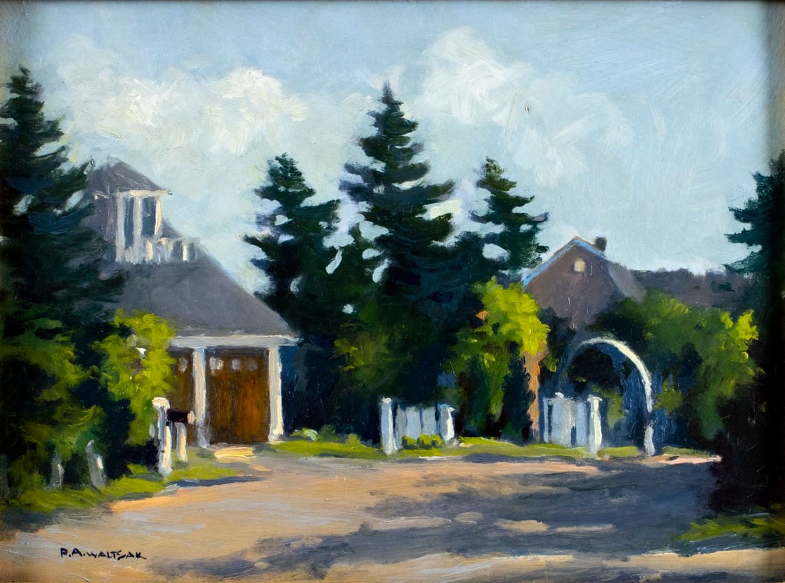 Robert Waltsak (NJ,b 1944) oil painting: ARTIST: Robert Alan Waltsak (New Jersey, born 1944) TITLE: Summer Landscape with Cottages MEDIUM: oil on board CONDITION: Minor paint losses. No visible inpaint under UV lig