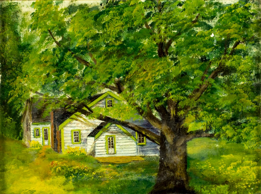 Vintage mid 20C American oil painting signed: ARTIST: - (American, mid 20 century) TITLE: Landscape with House MEDIUM: oil on canvas board CONDITION: Some small paint losses. No visible inpaint under UV light. Wear to