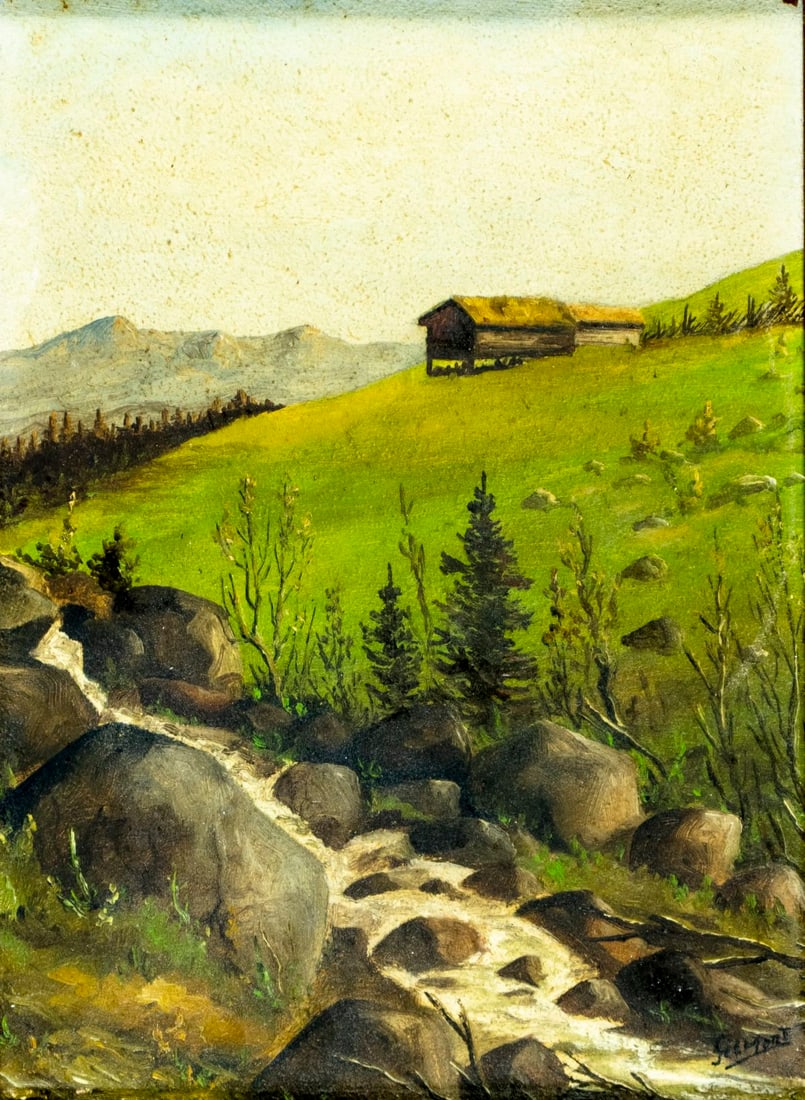 Gilmore (US,mid 20C) oil painting: ARTIST: Gilmore (American, mid 20 century) TITLE: Countryside Stream Landscape MEDIUM: oil on board CONDITION: Few small scratches/paint losses. No visible inpaint under UV