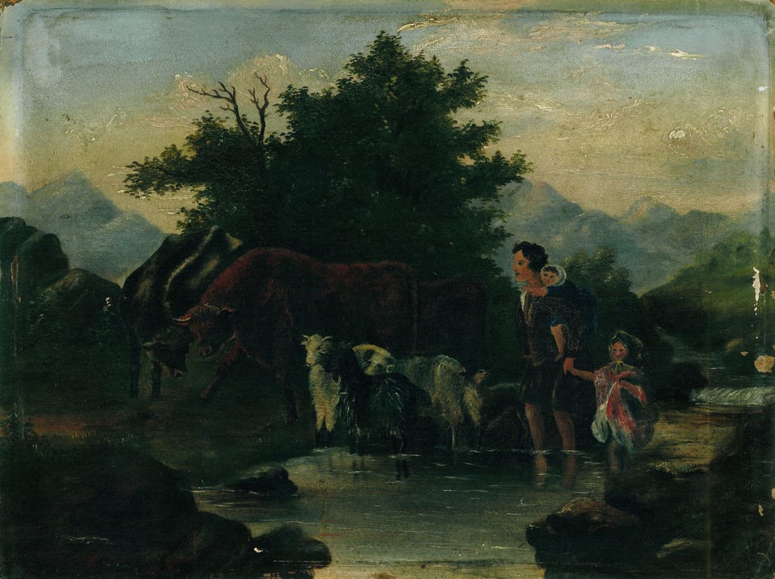Antique early 20C oil painting: ARTIST: - (early 20 century) TITLE: River Landscape with Cattle MEDIUM: oil on board CONDITION: Some scratches/paint losses mostly along edges. No visible inpaint under UV l
