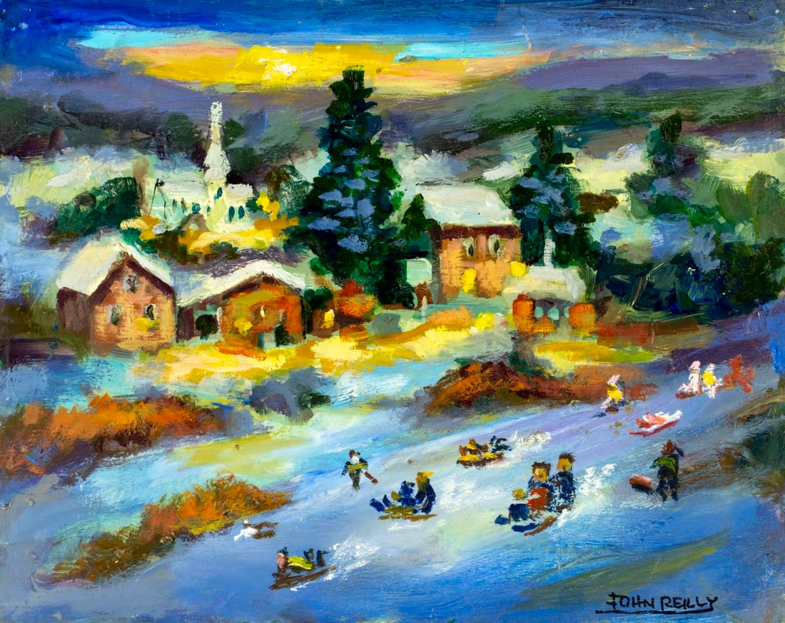 John Reilly (NY,NJ,1942-2021) oil painting: ARTIST: John Reilly (New York, New Jersey, 1942 - 2021) TITLE: Winter Village Scene MEDIUM: oil on board CONDITION: Few small scratches/paint losses mostly along edges. Ve