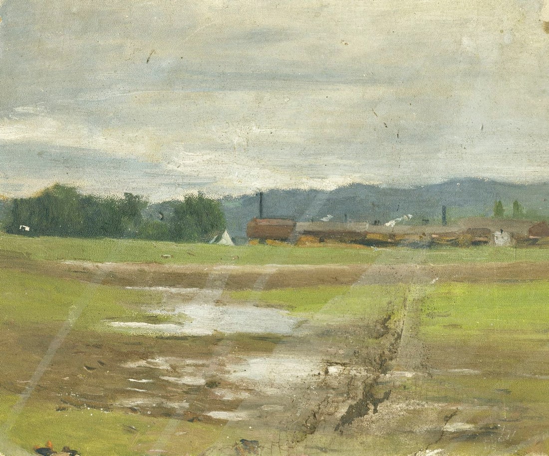 Helen DuMond (NY,CA,OR,1872-1968) oil painting: ARTIST: Helen Savier DuMond (New York, California, Oregon, 1872 - 1968) TITLE: Farm Landscape MEDIUM: oil on board CONDITION: Some damages to corners. Few nail holes by th