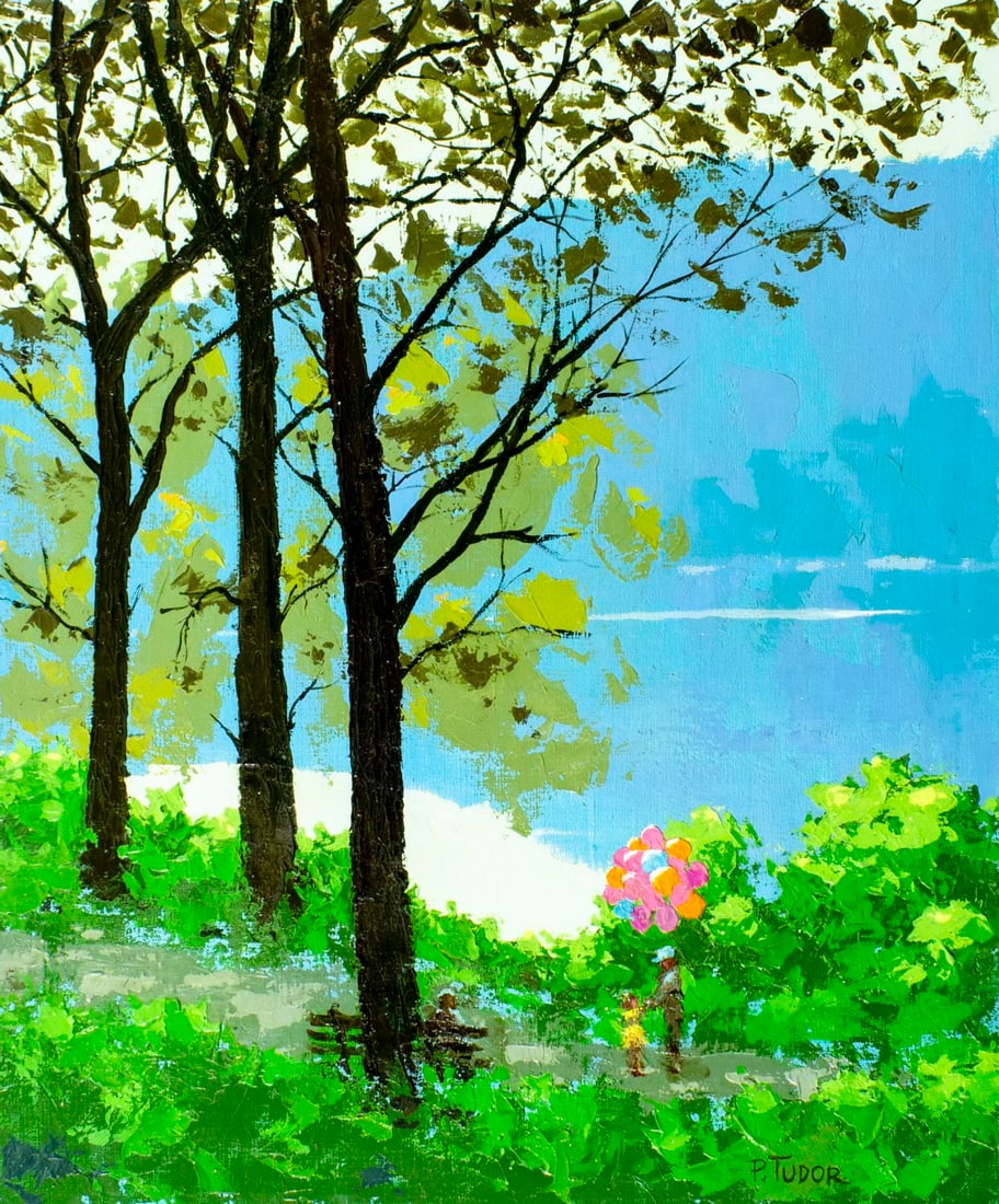 Paul Tudor (20C) oil painting: ARTIST: Paul Tudor (20 century) TITLE: Park Landscape MEDIUM: oil on canvas CONDITION: Unstretched (In-House stretching available) (In-House stretching available). Few minor