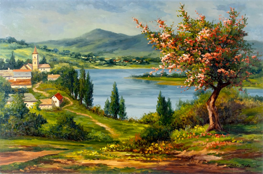 Bela Bodo (NY,CA,Hungary,1936-?) oil painting: ARTIST: Bela Bodo (New York, California, Hungarian, 1936 - ???) TITLE: Mountain Village Landscape YEAR: 1968 MEDIUM: oil on canvas CONDITION: Few minor