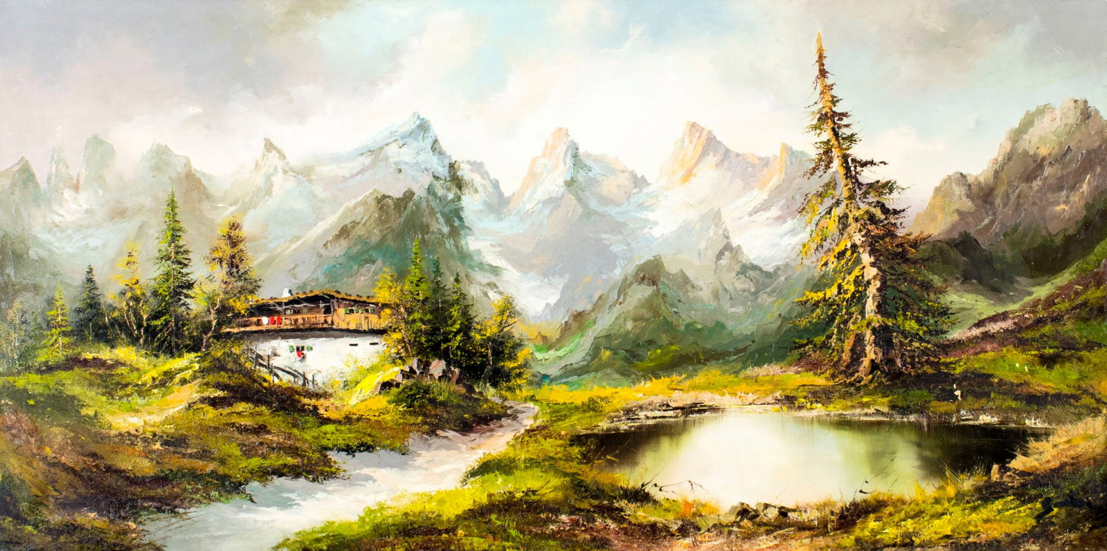 Vintage 20C European oil painting signed: ARTIST: - (Europe, 20 century) NAME: Alpine Landscape with Cabin MEDIUM: oil on canvas CONDITION: Missing a few flakes of paint. No visible inpaint under UV light. SIGHT SIZE: 24 x 48 inc