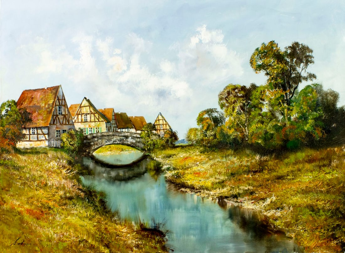 S Lobau (Europe,20C) oil painting: ARTIST: S Lobau (European, 20 century) TITLE: Village River Landscape MEDIUM: oil on canvas CONDITION: Unstretched (In-House stretching available) (In-House stretching avail