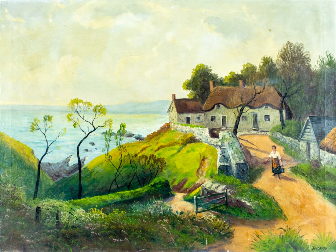 John Bentz (NJ,OH,c.1857-1950) oil painting antique: ARTIST: John Fitzhenry Bentz (New Jersey, Ohio, c.1857 - 1950) TITLE: Coatsal Village Landscape MEDIUM: oil on canvas CONDITION: Some damages to the corners and edges of c