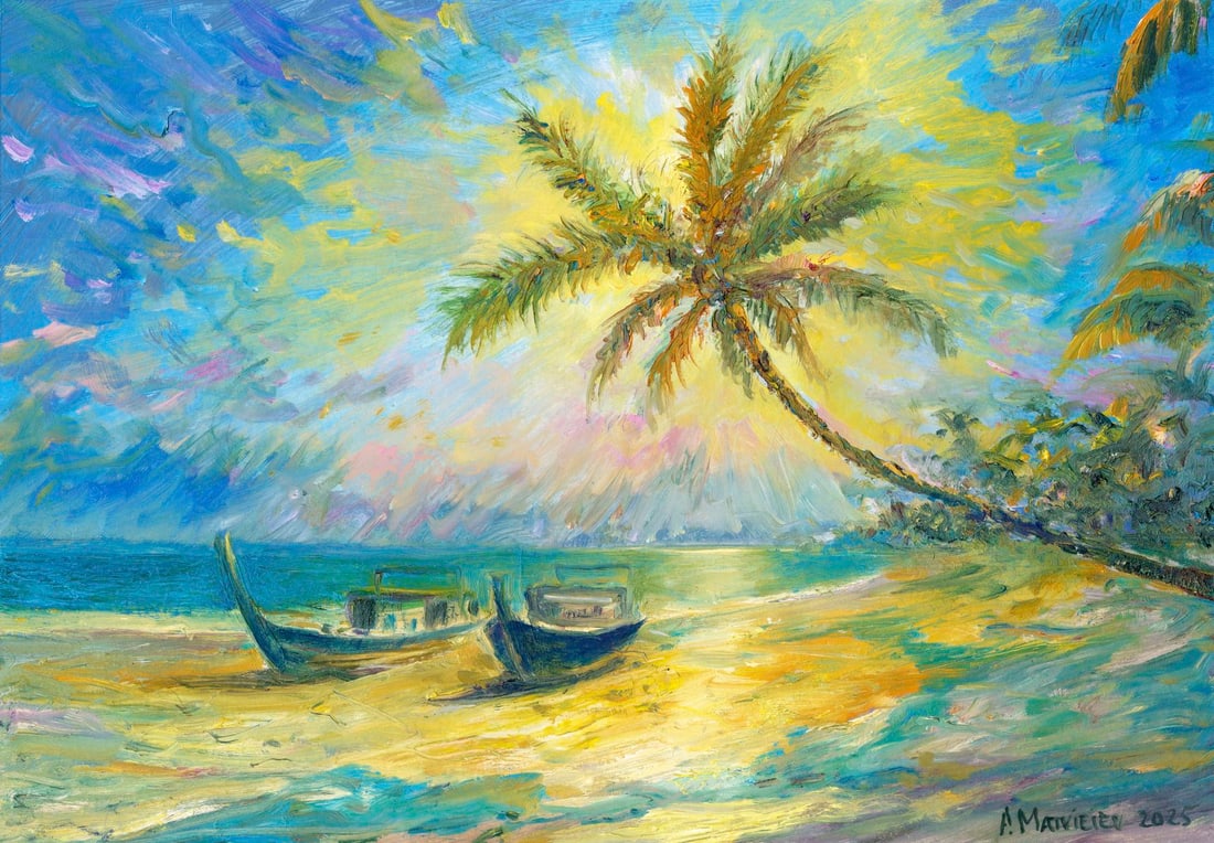 Andriy Matveev (Ukraine,b 1988) oil painting: ARTIST: Andriy Matveev (Ukrainian, born 1988) TITLE: Tropical Coastal Landscape MEDIUM: oil on heavy paper CONDITION: Very good. No visible inpaint under UV light.