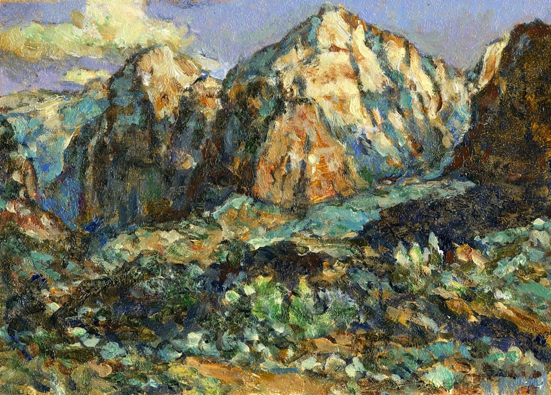 Vyacheslav Evsikov (Ukraine,b 1957) oil painting antique: ARTIST: Vyacheslav Sergeyevich Evsikov (Ukraine, born 1957) TITLE: Mountain Landscape MEDIUM: oil on board CONDITION: Very good. No visible inpaint under UV light.