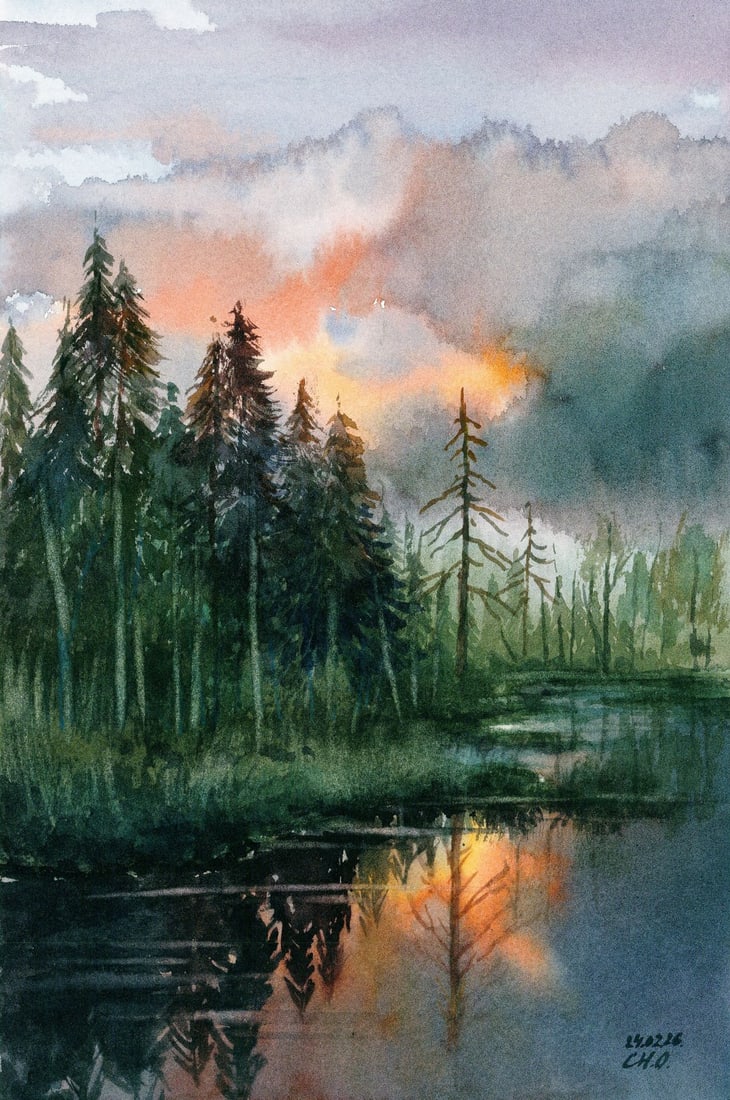 Oksana Chernachuk (Ukraine,b 1989) watercolor painting: ARTIST: Oksana Chernachuk (Ukraine, born 1989) TITLE: Sunset Forest Lake Landscape MEDIUM: watercolor on heavy paper CONDITION: Very good. ART SIZE: 12 x
