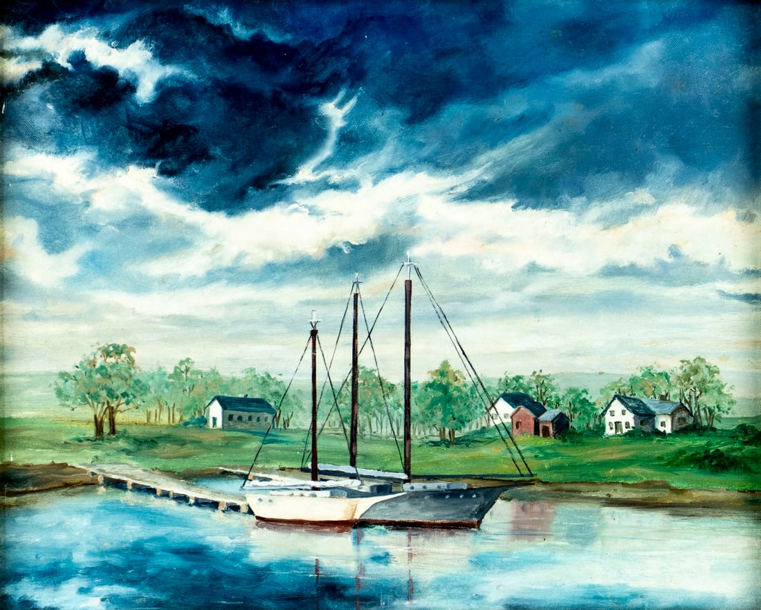 Connie Horton (NY,20C) oil painting: ARTIST: Connie Horton (New York, 20 century) TITLE: View of Camden, ME (titled on verso) MEDIUM: oil on canvas board CONDITION: Very good. No visible inpaint under UV light.