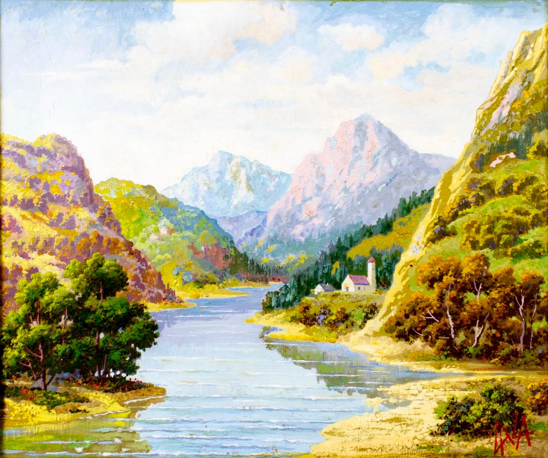 Gyorgy Zala (Hungary,1858-1937) oil painting antique: ARTIST: Gyorgy Zala (Hungarian, 1858 - 1937) TITLE: Mountain River Landscape with Houses MEDIUM: oil on canvas CONDITION: Missing a few flakes of paint. Some craquelure. N