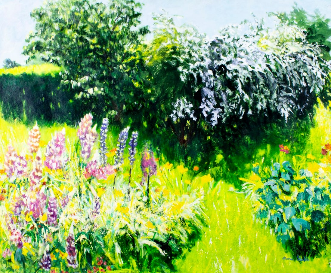 Alacia Stubbs (NY,1944-?) oil painting: ARTIST: Alacia Stubbs (New York, 1944 - ???) TITLE: Garden Landscape MEDIUM: oil on heavy paper CONDITION: Some damages and tears to the edges. Few minor paint losses. No