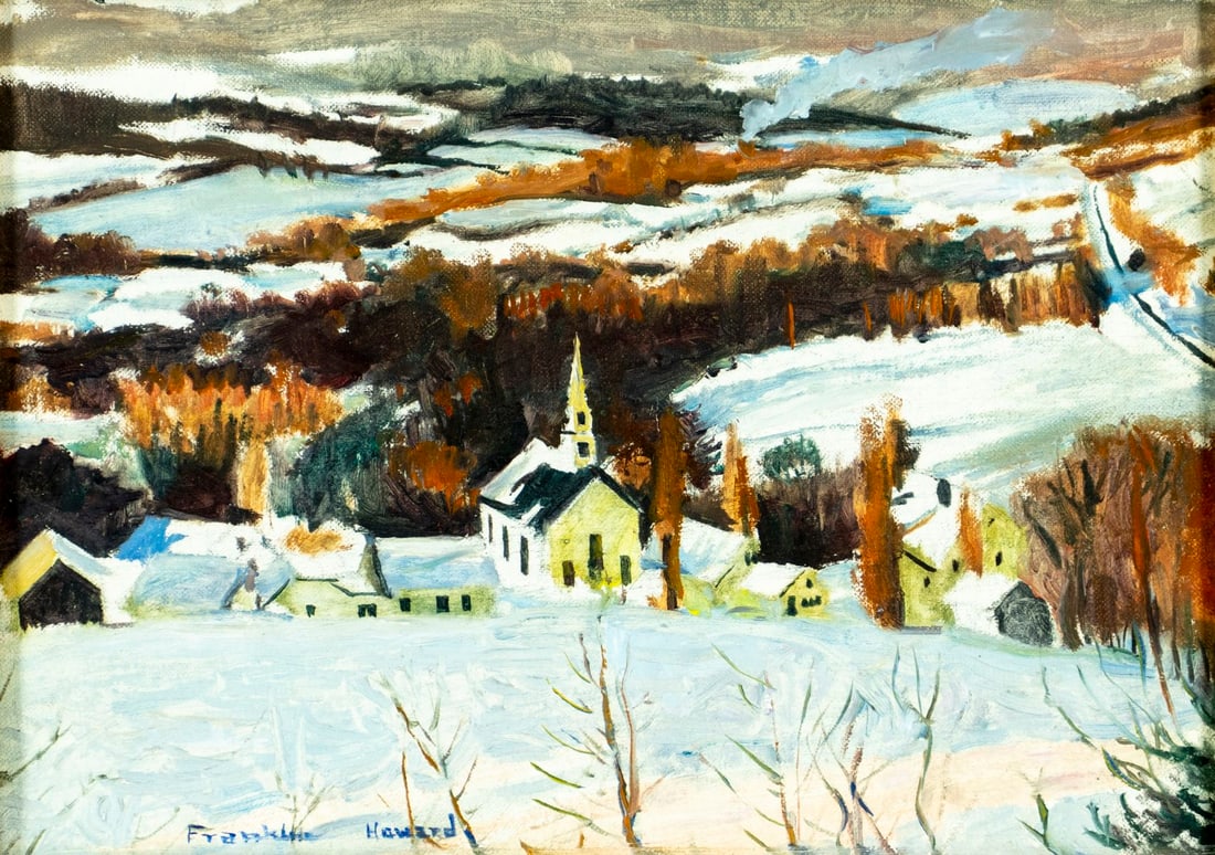 Franklin Howard (US,mid 20C) oil painting: ARTIST: Franklin Howard (American, mid 20 century) TITLE: Winter Village Landscape MEDIUM: oil on canvas board CONDITION: Few minor scratches. No visible inpaint under UV li