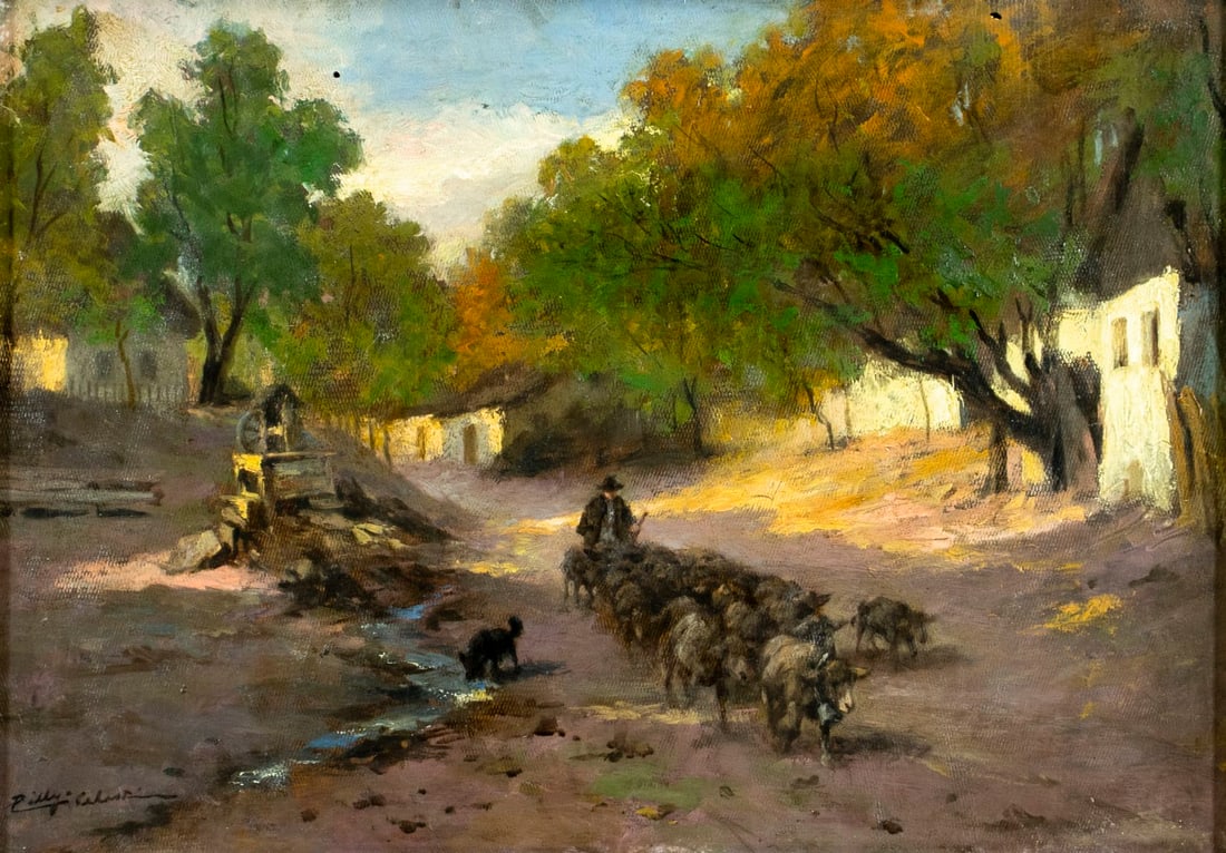 Celesztin Pallya (Hungary,1864-1948) oil painting antique: ARTIST: Celesztin Pallya (Hungarian, 1864 - 1948) TITLE: Village Landscape with Sheep MEDIUM: oil on board CONDITION: Few small paint losses. No visible inpaint under UV lig