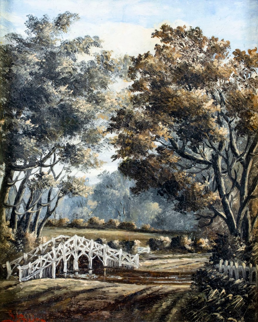 Antique 19C American oil painting signed: ARTIST: - (American, 19 century) TITLE: Bridge Landscape MEDIUM: oil on board CONDITION: One repaired vertical crack. Minor craquelure. Some scattered inpaintings/touch up